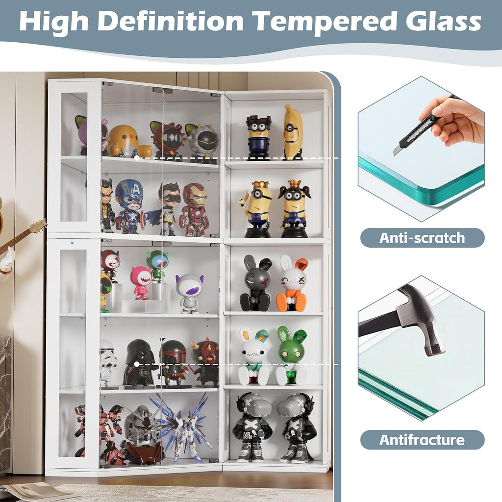 Corner Display Cabinet with Glass Doors, 71' Lighted Curio Cabinet with 3 Color Lights for Collectibles, 5-Tier Display Case with Extra Bookcase for Toys, Books (White)