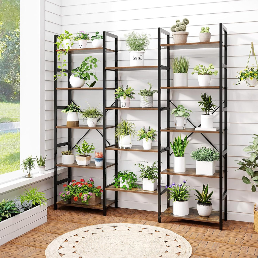 Giantex 5-Tier Industrial Bookshelf, Triple Wide Heavy-Duty Metal Frame Bookcases w/ 14 Open Shelves, Large Floor Standing Display Shelf Rack w/Anti-tip Kits, Storage Shelf for Living Room Study