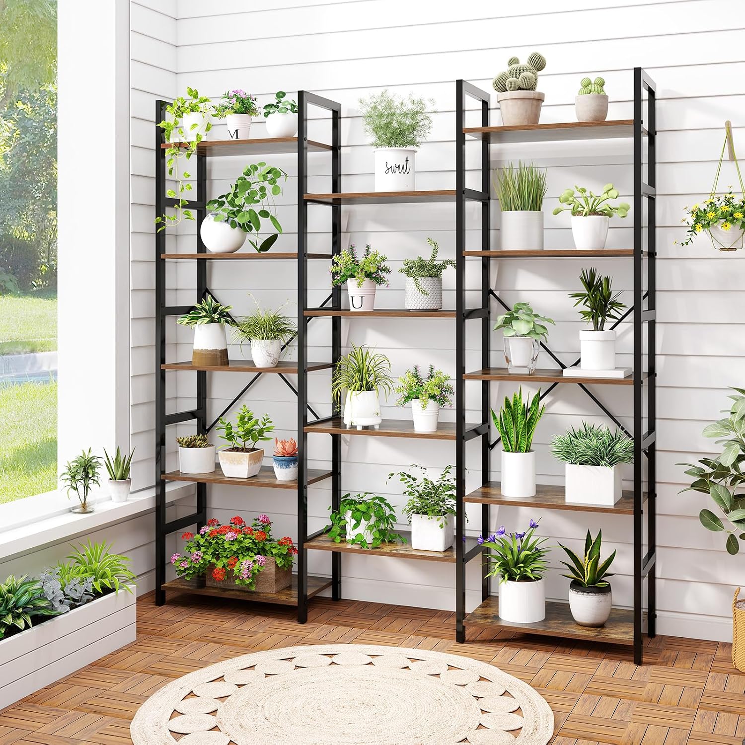 Giantex 5-Tier Industrial Bookshelf, Triple Wide Heavy-Duty Metal Frame Bookcases w/ 14 Open Shelves, Large Floor Standing Display Shelf Rack w/Anti-tip Kits, Storage Shelf for Living Room Study