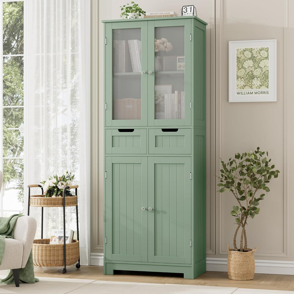 HORSTORS 67' Tall Bathroom Storage Cabinet, Freestanding Storage Cabinet with Glass Door and Shelves, Kitchen Pantry Linen Cabinet with 2 Drawers for Bathroom, Living Room, Dining Room, Green