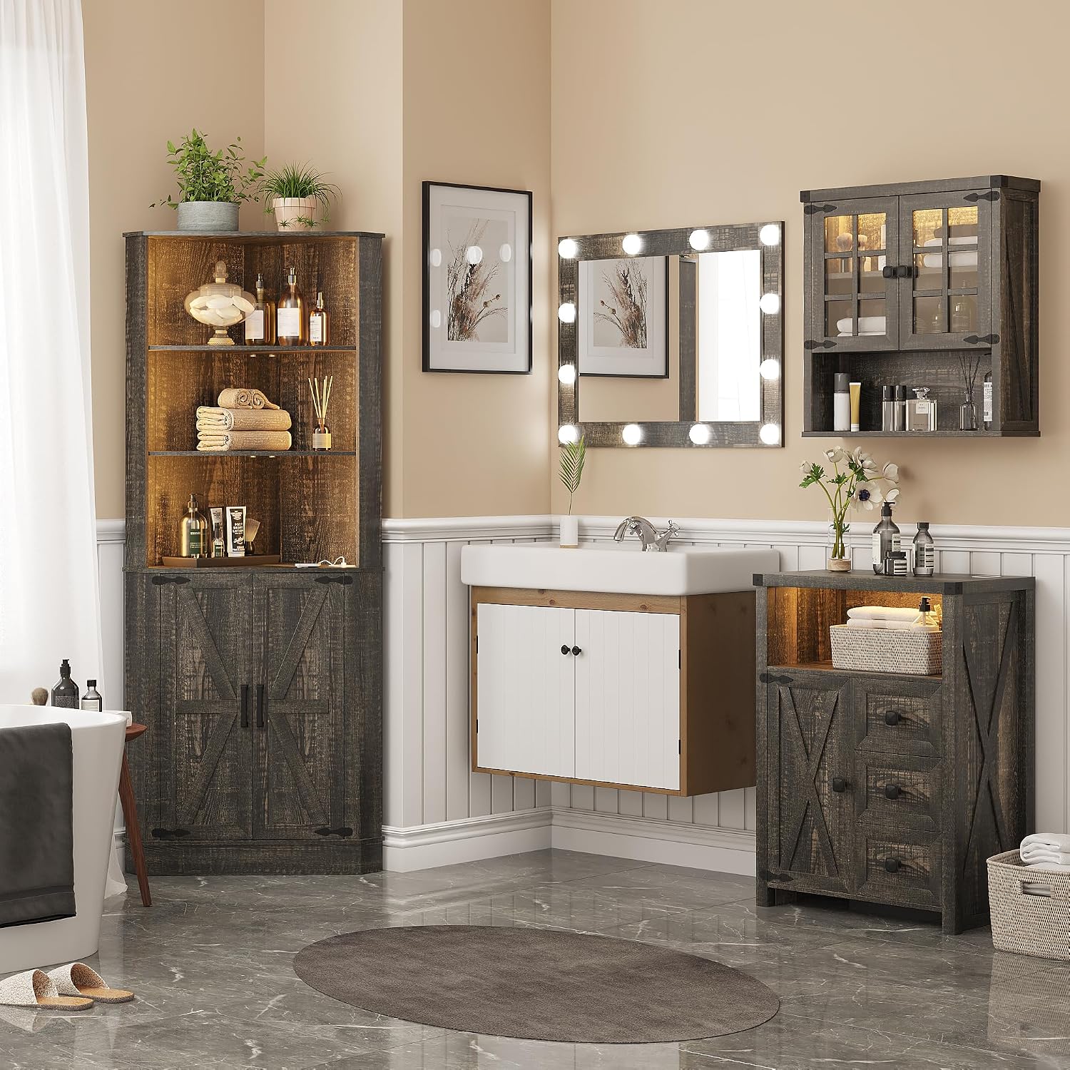 TAGELIER Farmhouse Corner Cabinet with LED Light, 67' Tall Bathroom Cabinet with 2 Doors and 3 Tier Shelves, Free Standing Corner Storage Cabinet for Living Room or Kitchen, Rustic Brown