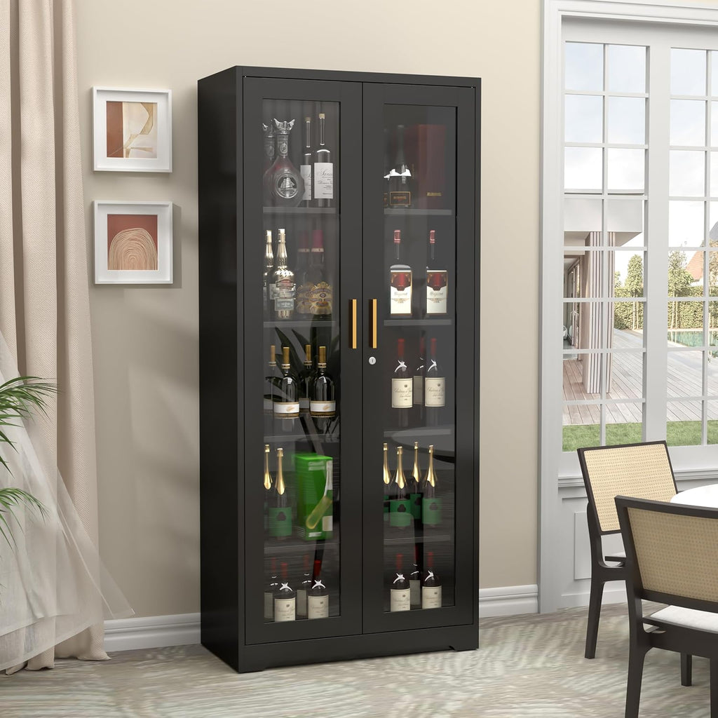 SteeLoong 71' Glass Display Cabinet with Lock,Curio Cabinet with Glass Doors, Metal Display Case with 4 Adjustable Shelves, Black Bookcase Locking Storage Cabinets for,Liquor,Commercial