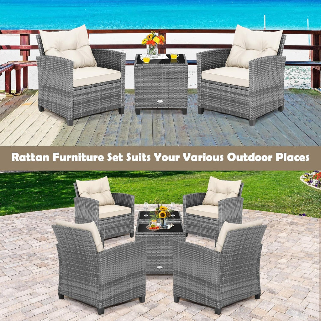 Tangkula 3 Pieces Patio Furniture Set, PE Rattan Wicker 3 Pcs Outdoor Sofa Set w/Washable Cushion and Tempered Glass Tabletop, Conversation Furniture for Garden Poolside Balcony (Mix Grey-White)