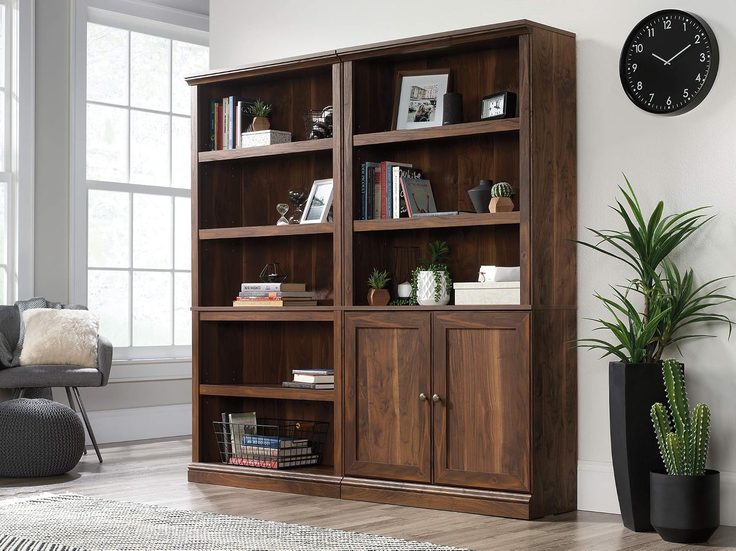 Sauder Select Book Shelf, Bookshelf with Storage, Library Bookcase with Doors and Adjustable Shelves, in Grand Walnut