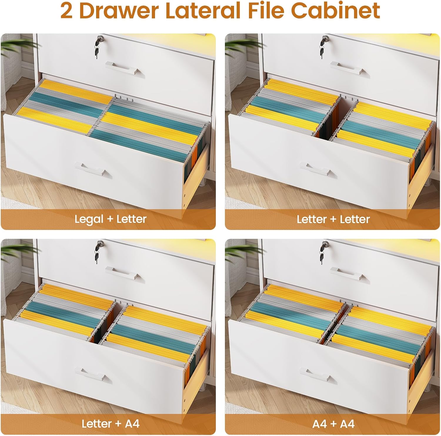 SEDETA 59' File Cabinet, 2 Drawers Filing Cabinets for Home Office fit Legal/Letter/A4 File, File Cabinet with Lock & Power Outlets, Printer Stand with Storage & LED Lights, White