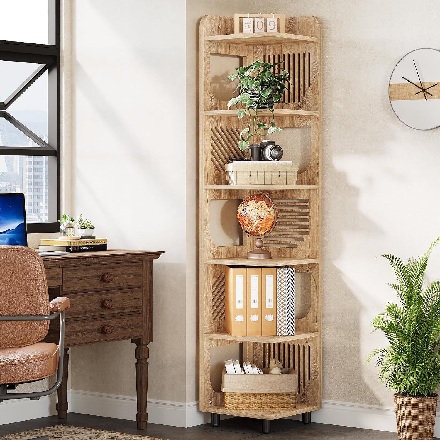 Tribesigns 6-Tier Tall Corner Shelf, 71-Inch Rustic Narrow Corner Bookshelf Bookcase with Square Rack, Freestanding Corner Display Storage Shelf Organizer for Living Room, Kitchen, Office, Natural