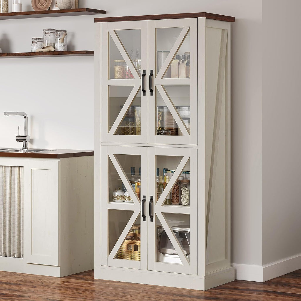 DWVO 66' Storage Cabinet, Tall Bookshelf Display Cabinet, 4 Shelves Curio Cabinet with Tempered Glass Doors, Trophy Display Case for Living Room and Dinning Room, White