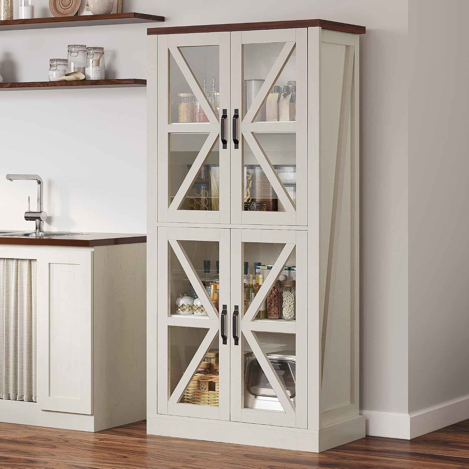 DWVO 66' Storage Cabinet, Tall Bookshelf Display Cabinet, 4 Shelves Curio Cabinet with Tempered Glass Doors, Trophy Display Case for Living Room and Dinning Room, White