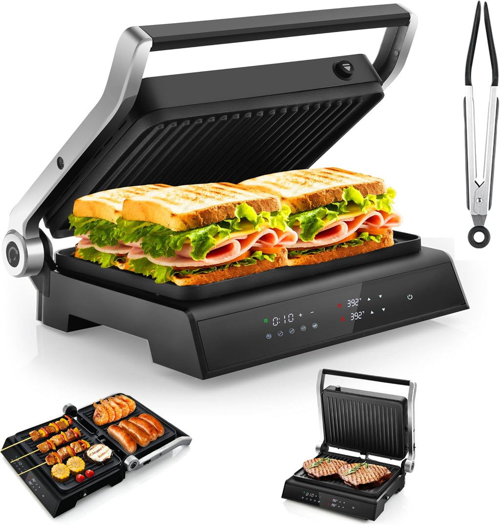ARLIME Panini Grill Press Sandwich Maker, 180 Degrees w/5 Auto Cooking Modes & LED Display, 1200W Electric Indoor Grill with Removable Plates & Drip Tray, 3 in 1 Panini Press Grill for Breakfast