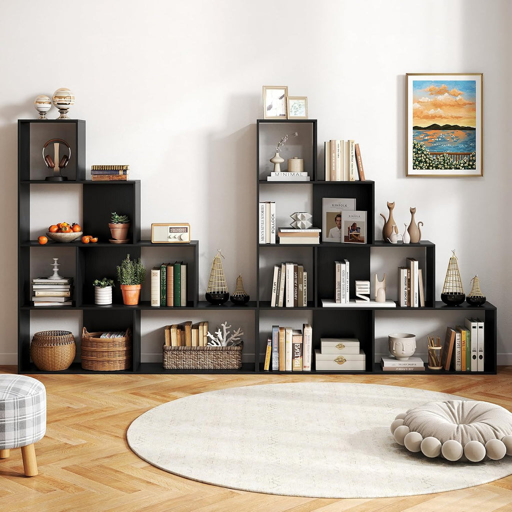 Tangkula 4-Tier Stepped Bookshelf, Freestanding 6 Cubes Ladder Bookcase with Anti-Tipping Kits, 64' Tall Modern Wooden Storage Display Rack for Home Office Living Room Study (1, Black)