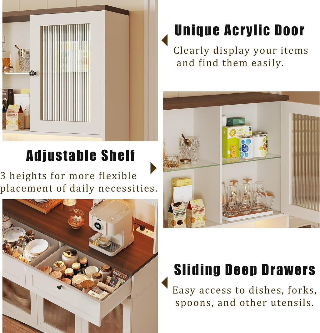 HUAHUU 71' Pantry Cabinet with Charging Station and LED Light, Modern Kitchen Pantry Cabinet with Microwave Stand, Tall Kitchen Hutch Food Pantry with Drawers & Shelves for Dining Room, White