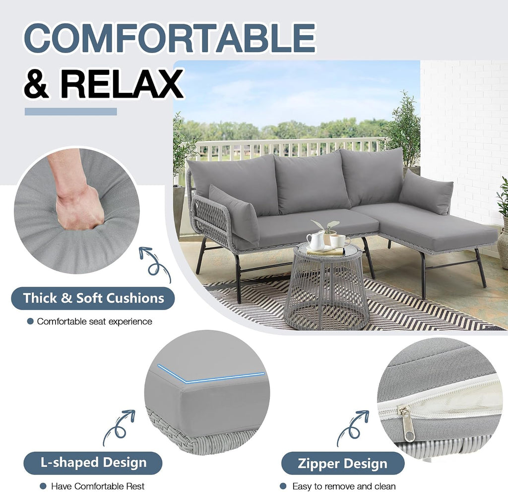 EROMMY 3 Piece Boho Patio Conversation Sets, L-Shaped Sectional Patio Furniture Sofa Set with Thick Cushions and Toughened Glass Coffee Table for Backyard Balcony Garden Porch, Gray