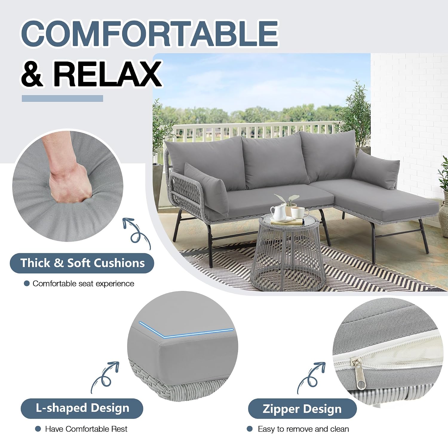 EROMMY 3 Piece Boho Patio Conversation Sets, L-Shaped Sectional Patio Furniture Sofa Set with Thick Cushions and Toughened Glass Coffee Table for Backyard Balcony Garden Porch, Gray