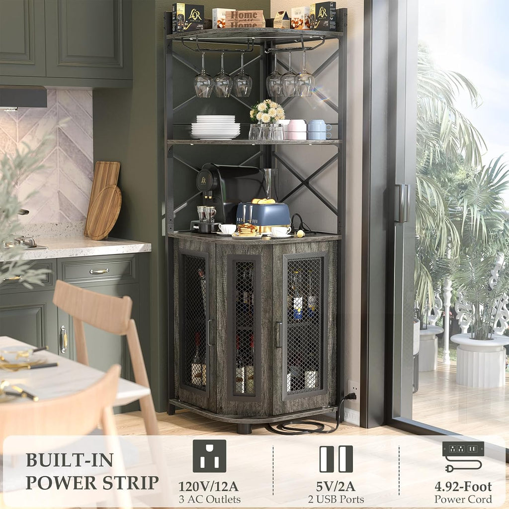 Aheaplus Corner Bar Cabinet with Power Outlet, Industrial Wine Cabinet with LED Strip and Glass Holder, 5-Tiers Liquor Cabinet Bar Unit for Home, Corner Display Cabinet for Small Space, Grey Oak