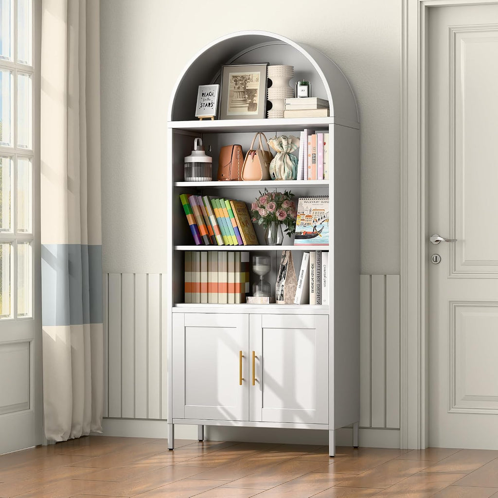 VEXPOR 73' Tall Metal Arched Bookcase with Doors, 5-Tier Arched Bookshelf with 2 Adjustable Shelves for Living Room, Home Office, Assembly Required, White, 15.35' D x 30.71' W x 72.83' H