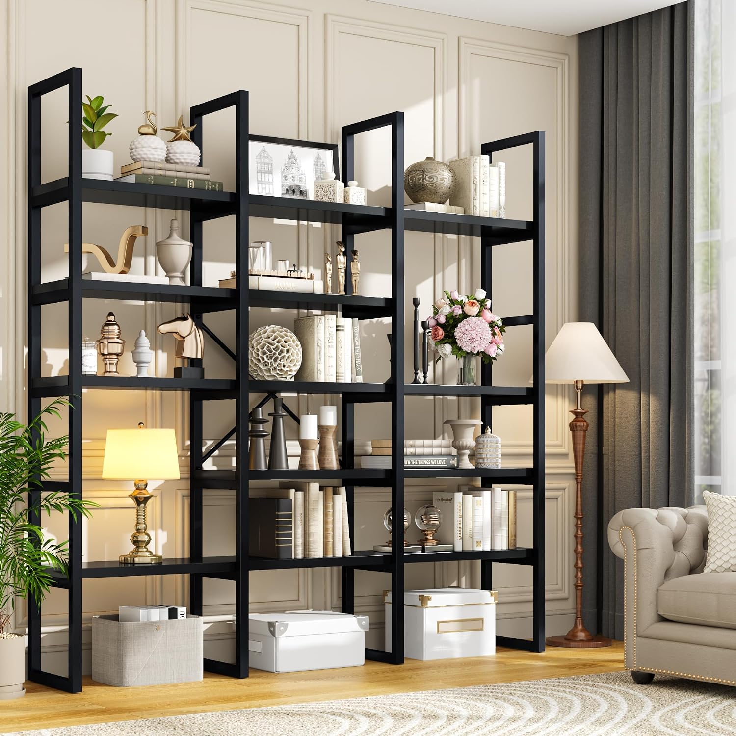 Large Bookshelf 5 Tiers, Triple Wide Geometric Bookcase, 71 Inches Tall Industrial Book Shelves Etagere Book Case, Sturdy Metal Frame, Freestanding Display Shelving Unit (Black)