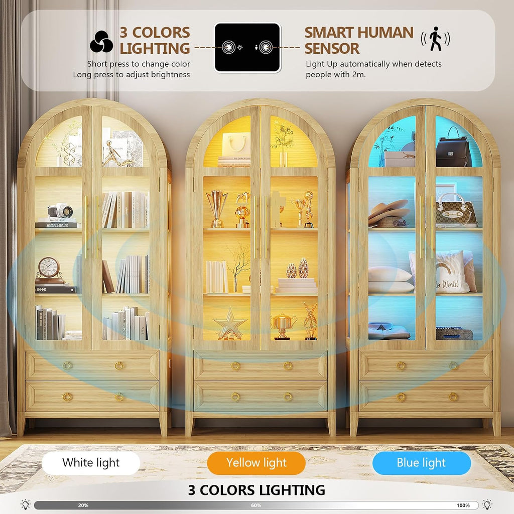 LVSOMT 71' Tall Arched Storage Cabinet with Glass Doors and Drawers, Curio Display Cabinet with Adjustable LED Light & Human Sensor, 4-Tier China Cabinet for Living Room(Wood)