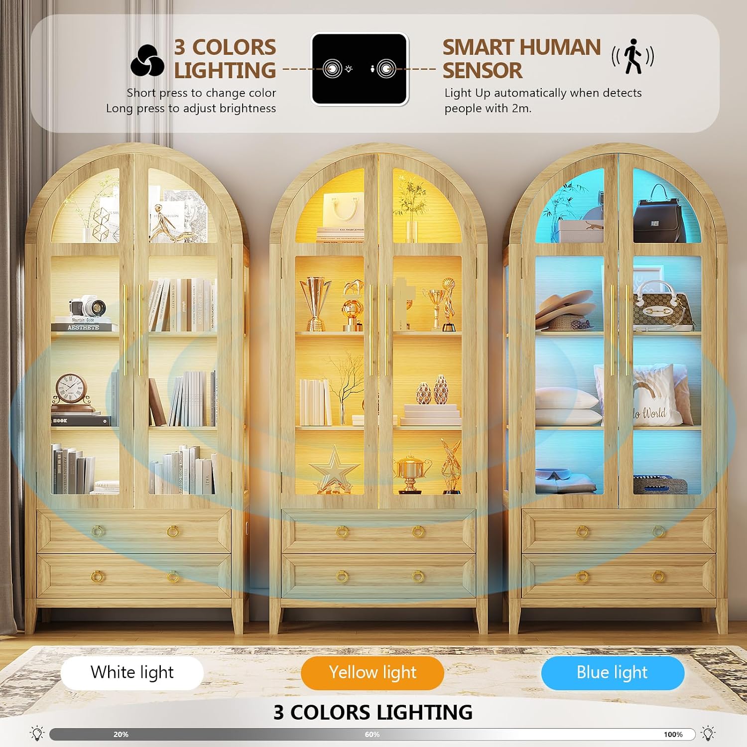 LVSOMT 71' Tall Arched Storage Cabinet with Glass Doors and Drawers, Curio Display Cabinet with Adjustable LED Light & Human Sensor, 4-Tier China Cabinet for Living Room(Wood)