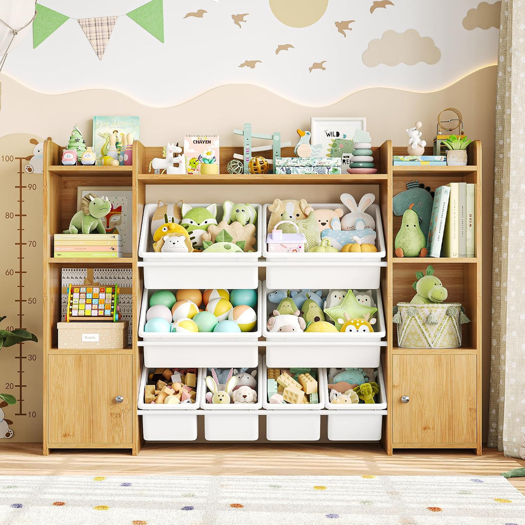 FOTOSOK Toy Storage Organizer with 8 Toy Bins, 55''Large Toy Organizers and Storage with Top Shelf, Toy Storage and Kids Bookshelf with 6 Storage Cubbies, Playroom Storage and Toy Box, Natural