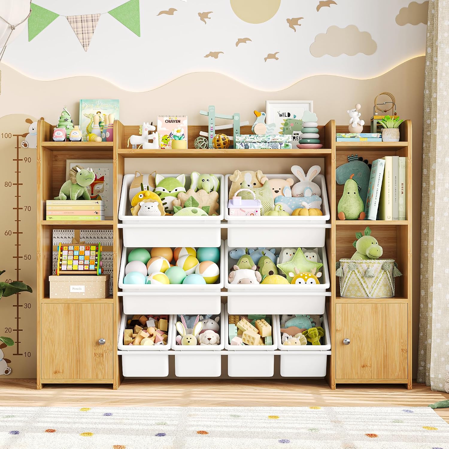 FOTOSOK Toy Storage Organizer with 8 Toy Bins, 55''Large Toy Organizers and Storage with Top Shelf, Toy Storage and Kids Bookshelf with 6 Storage Cubbies, Playroom Storage and Toy Box, Natural
