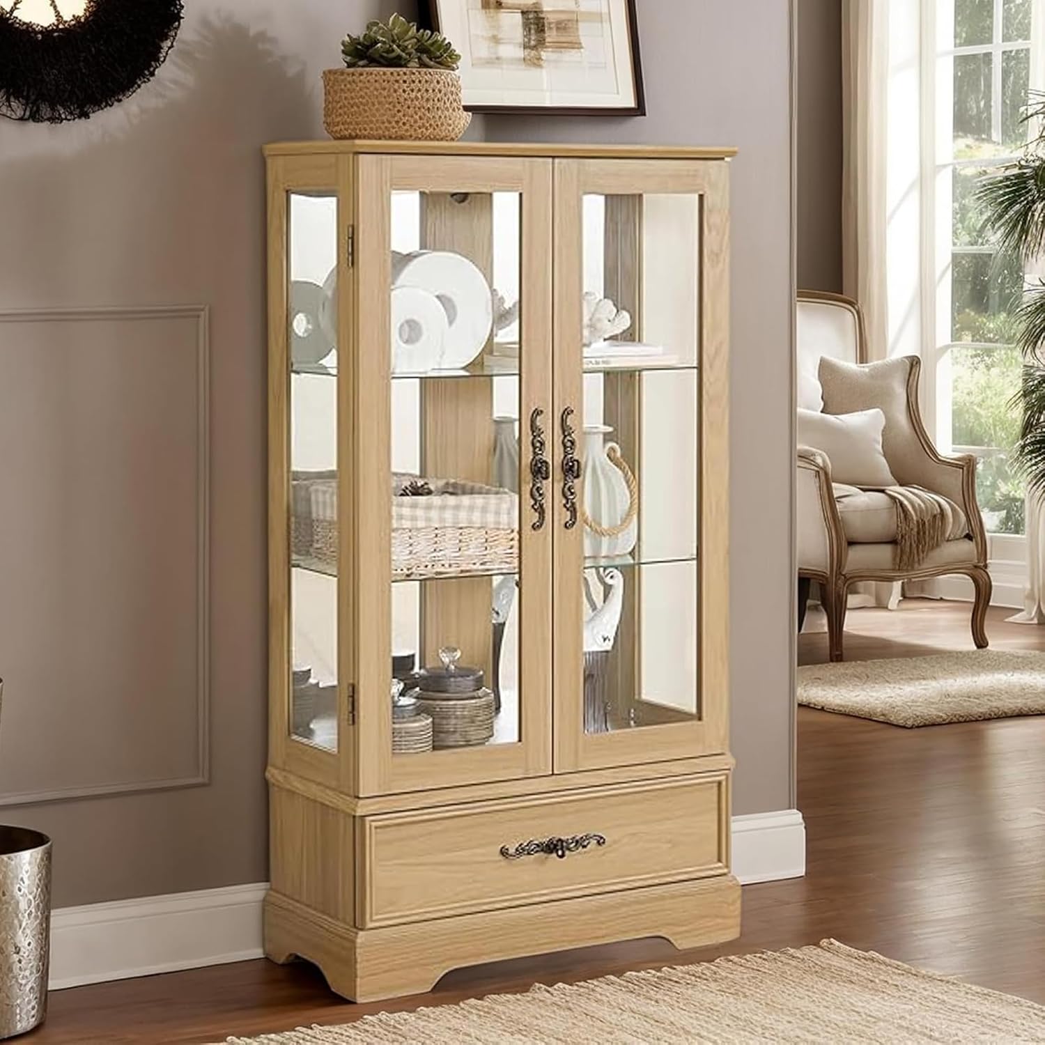 3-Tier Lighted Curio Display Cabinet, 47' H Glass Accent Storage Cabinet with Adjustable Glass Shelves & 1 Drawer, Wooden Wine Display Case with Mirrored Back Panel for Living Room (Oak)