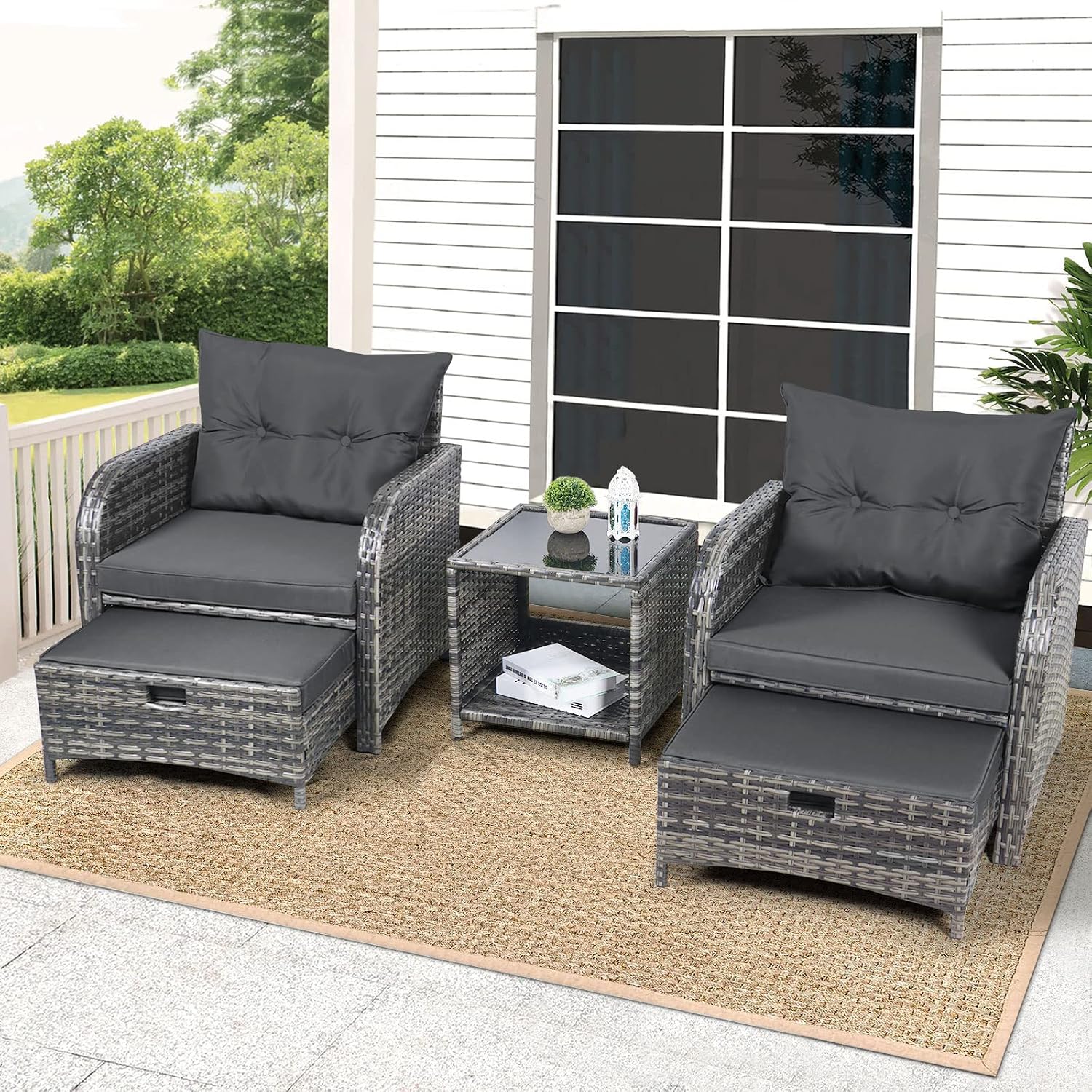 5 Pieces Wicker Outdoor Patio Chairs with Ottomans, All Weather PE Rattan Outdoor Conversation Set Bistro Patio Furniture Set with Hidden Ottoman for Porch Backyard Balcony, Grey