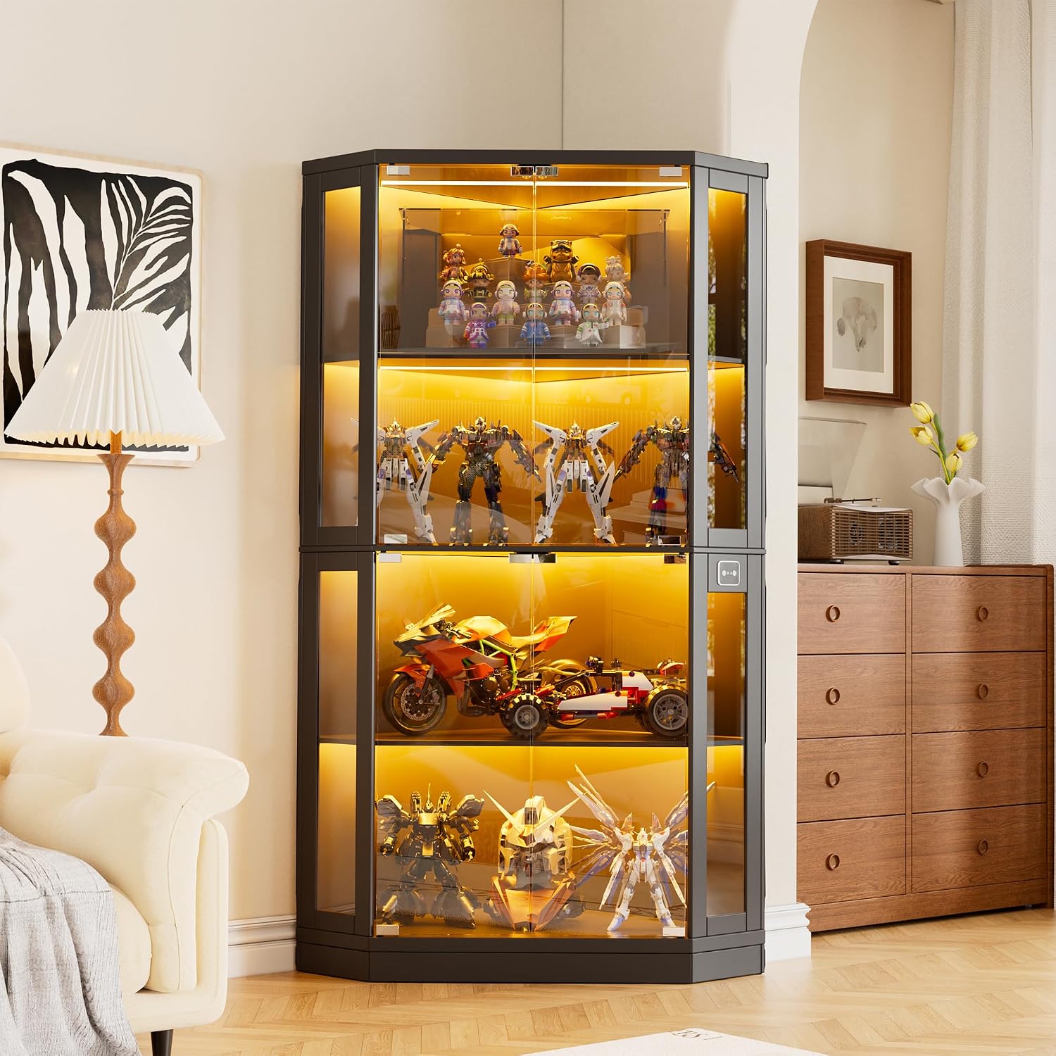 PAKASEPT Corner Display Cabinet with Glass Doors, 66.3'Corner Curio Cabinets with LED Lights, 4-Tier Display Shelf with Human Body Sensor for Toys, Books, Collectibles