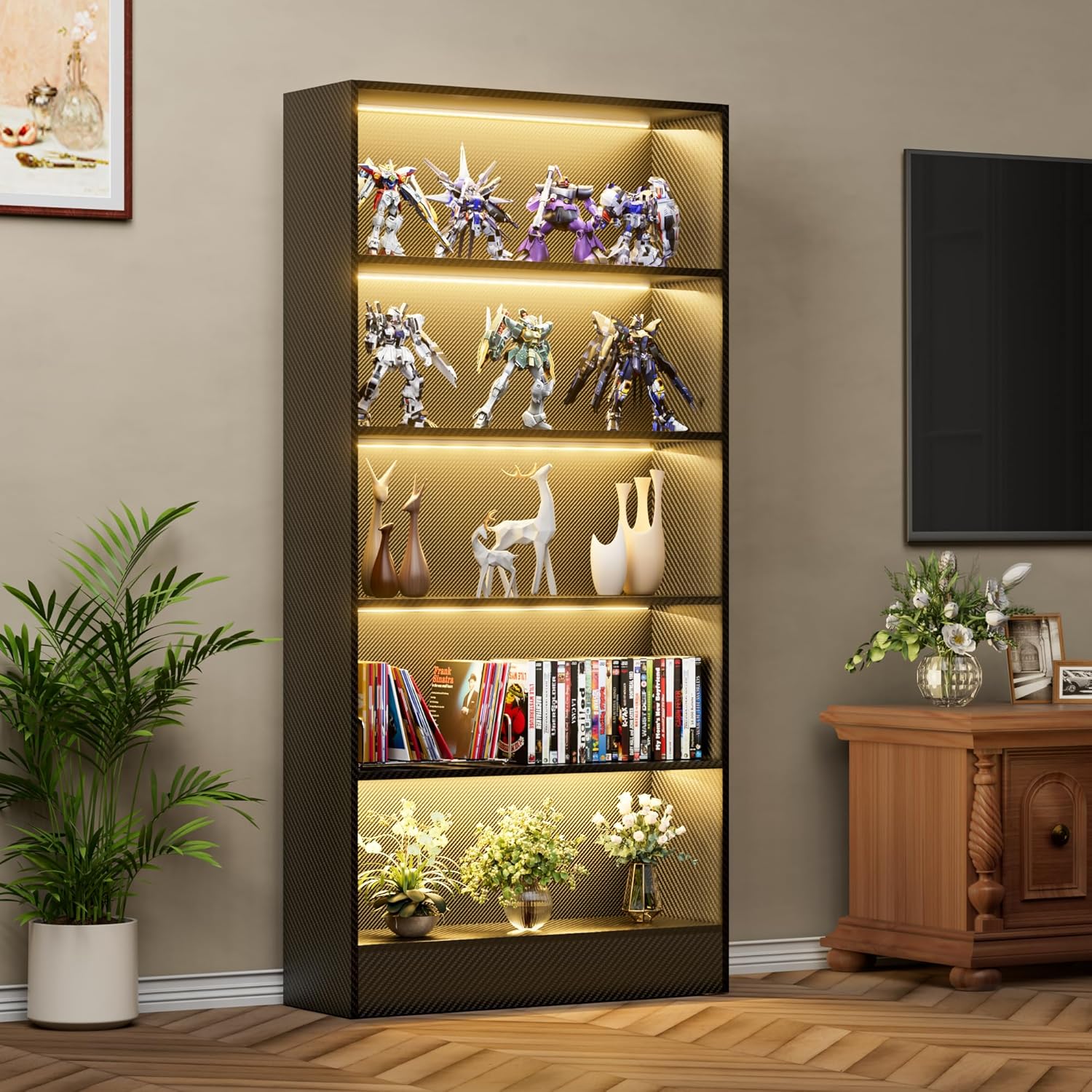 CODACE Tall Wooden Black Bookshelf - Book Shelf with LED Lights, Lighted Display Shelf with 5-Tier Shelves, Large Display Bookshelves for Collectibles, Modern Bookcase for Living Room, Bedroom, Office