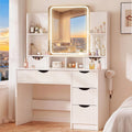 Vanity Desk with Mirror and Lights, Makeup Vanity Table with Large 6 Drawers Modern Fluted Wooden Dressing Table with Jewelry Hook 3 Color Modes Adjustable LED Mirror for Women Girls Bedroom or Dorm