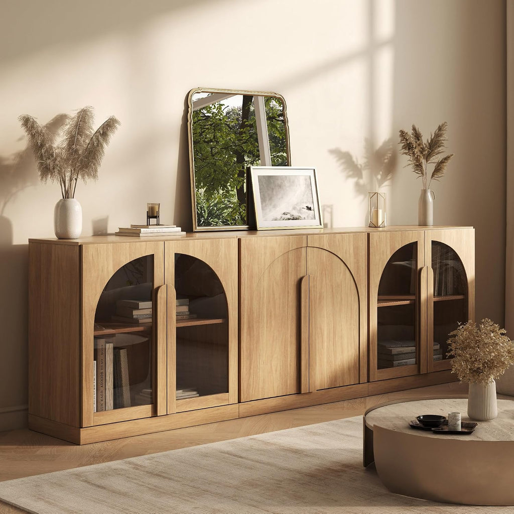 BELLEZE Modular Cabinet 3-Piece Set Sideboard, Modern Wood Buffet Arched Cabinet and 2 Display Glass Door Storage, Freely Configurable Credenza Console for Living Room Kitchen, Camel