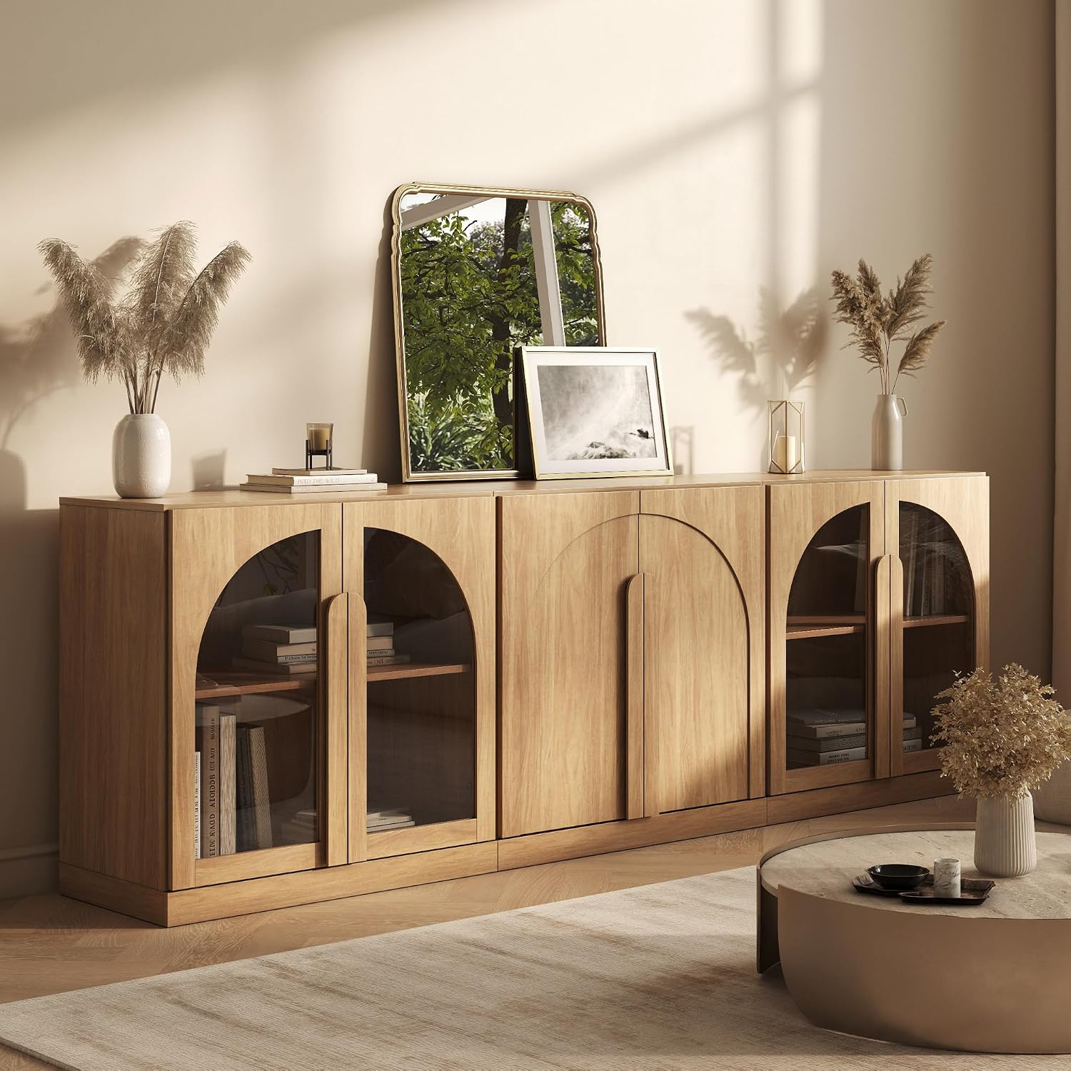 BELLEZE Modular Cabinet 3-Piece Set Sideboard, Modern Wood Buffet Arched Cabinet and 2 Display Glass Door Storage, Freely Configurable Credenza Console for Living Room Kitchen, Camel