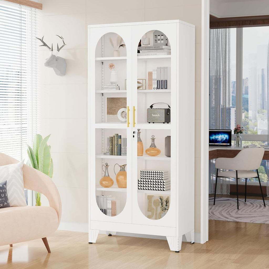 GAIOUS 74.8' Tall Metal Curio Cabinet, Display Cabinet with Glass Door, 6 Tier Liquor with 5 Adjustable Shelves, Locking Glass Display Case for Collectibles, Showcase Storage Cabinets, White