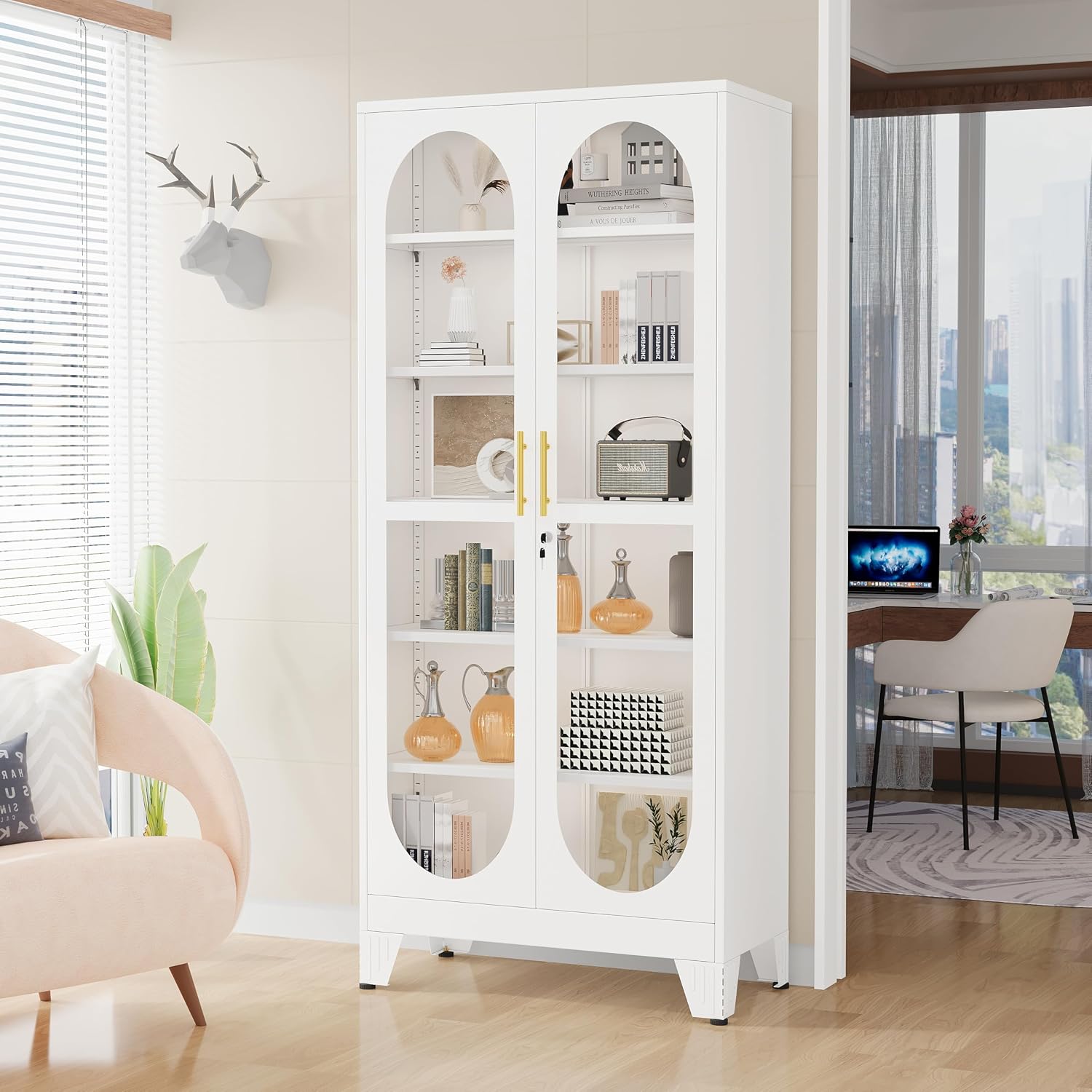 GAIOUS 74.8' Tall Metal Curio Cabinet, Display Cabinet with Glass Door, 6 Tier Liquor with 5 Adjustable Shelves, Locking Glass Display Case for Collectibles, Showcase Storage Cabinets, White