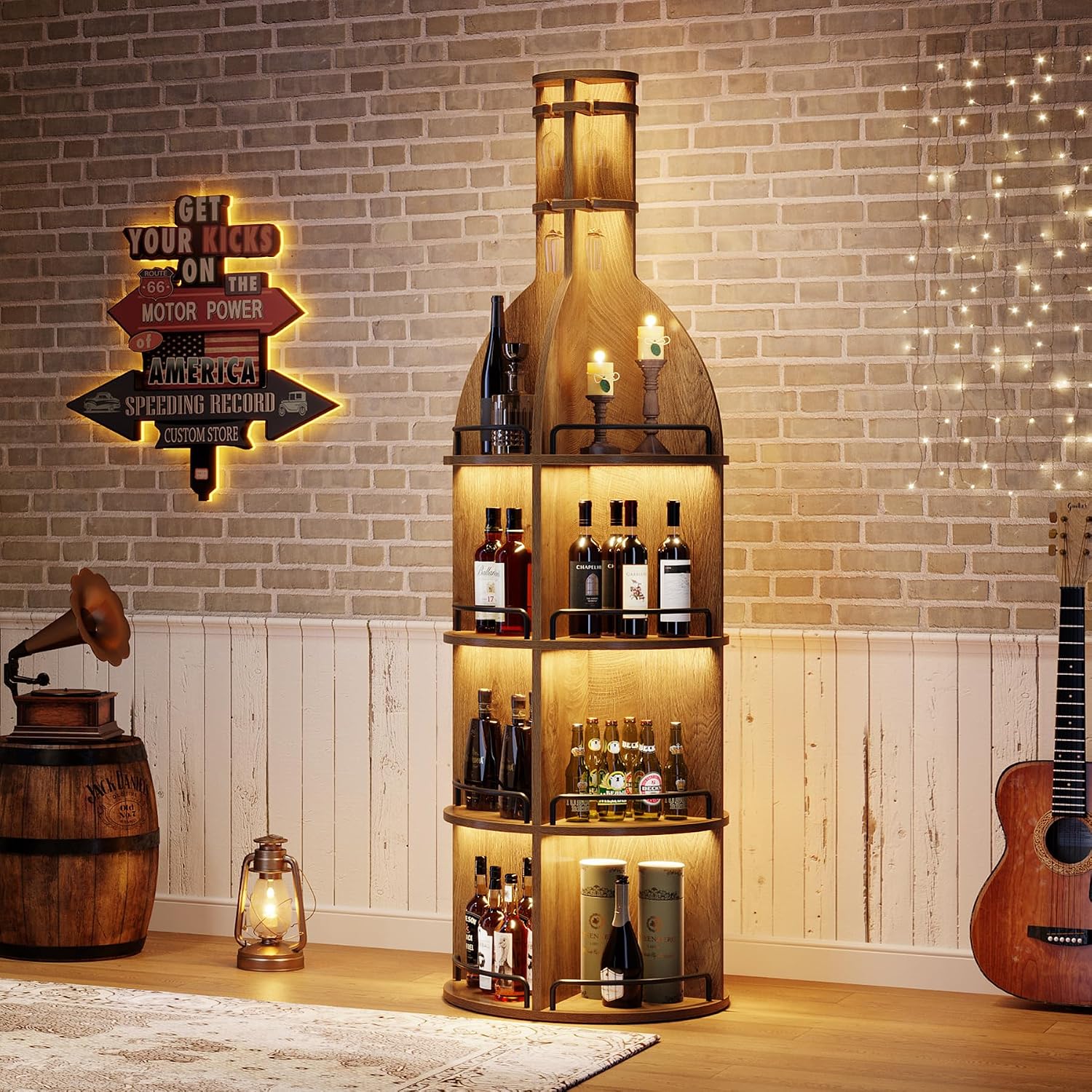 Tribesigns 75-Inch Tall Wine Rack with Storage Shelves, Industrial Round Wine Cabinet with Goblet Holder, Freestanding Bar Liquor Bottle Display Shelf for Living Room, Basement, Brown (Set of 2)