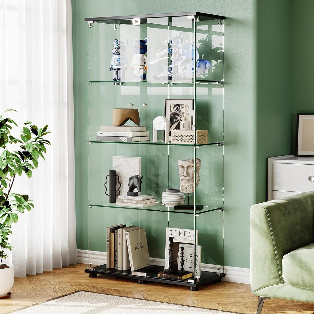 Glass Display Cabinet with 4-Shelf Double Doors and Lock, 5mm Tempered Glass Floor Standing Bookshelf for Living Room, Bedroom, Office, 64 x 31.7 x 14.3 in, Black