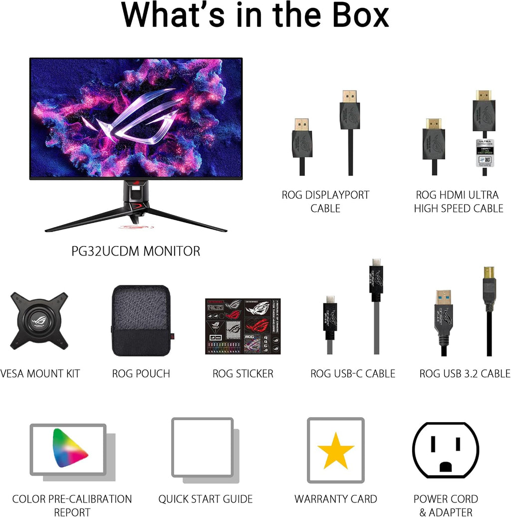 ASUS ROG Swift 32' 4K OLED Gaming Monitor (PG32UCDM) - UHD (3840 x 2160), QD-OLED, 240Hz, 0.03ms, G-SYNC Compatible, Custom Heatsink, Graphene Film, 99% DCI-P3, True 10-bit, 90W USB-C