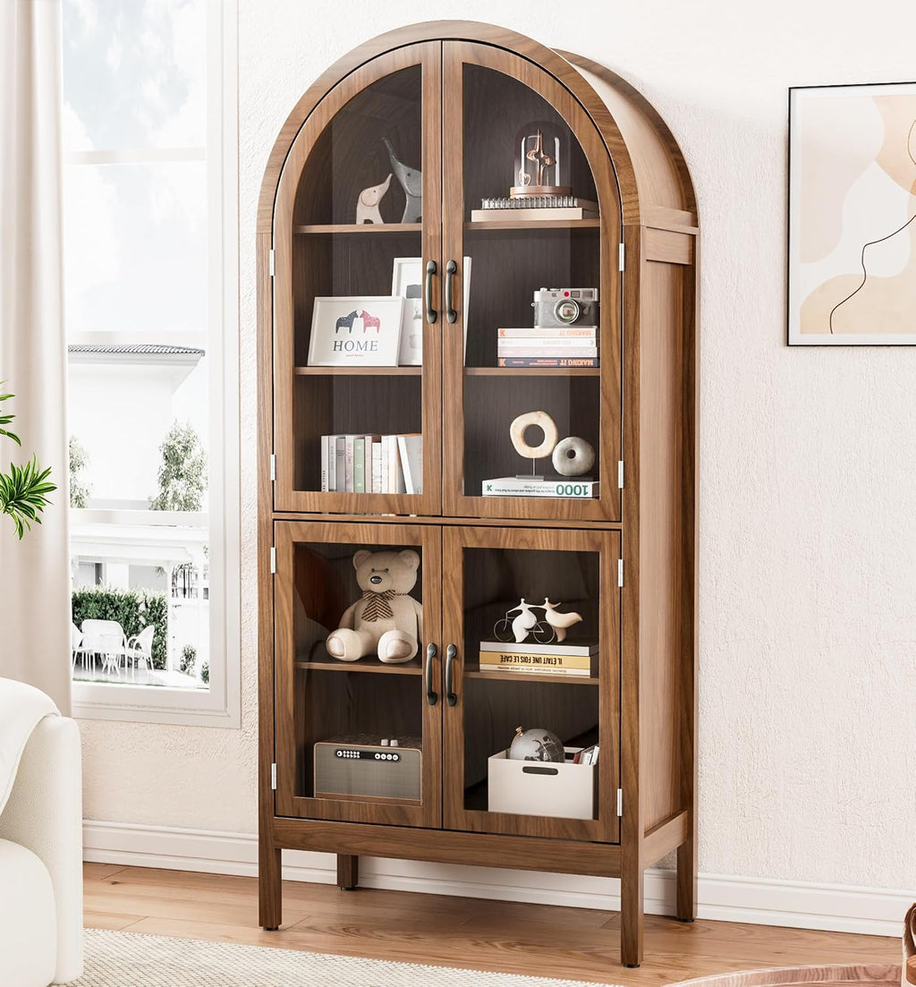 Lxsxlome 70.9'' Tall Arched Display Cabinet with Acrylic Glass Doors, Modern 5-Tier Arched Bookcase, Kitchen Pantry Storage Cabinet Curio Cabinets for Living Dining Room (Walnut, 31.5''W)