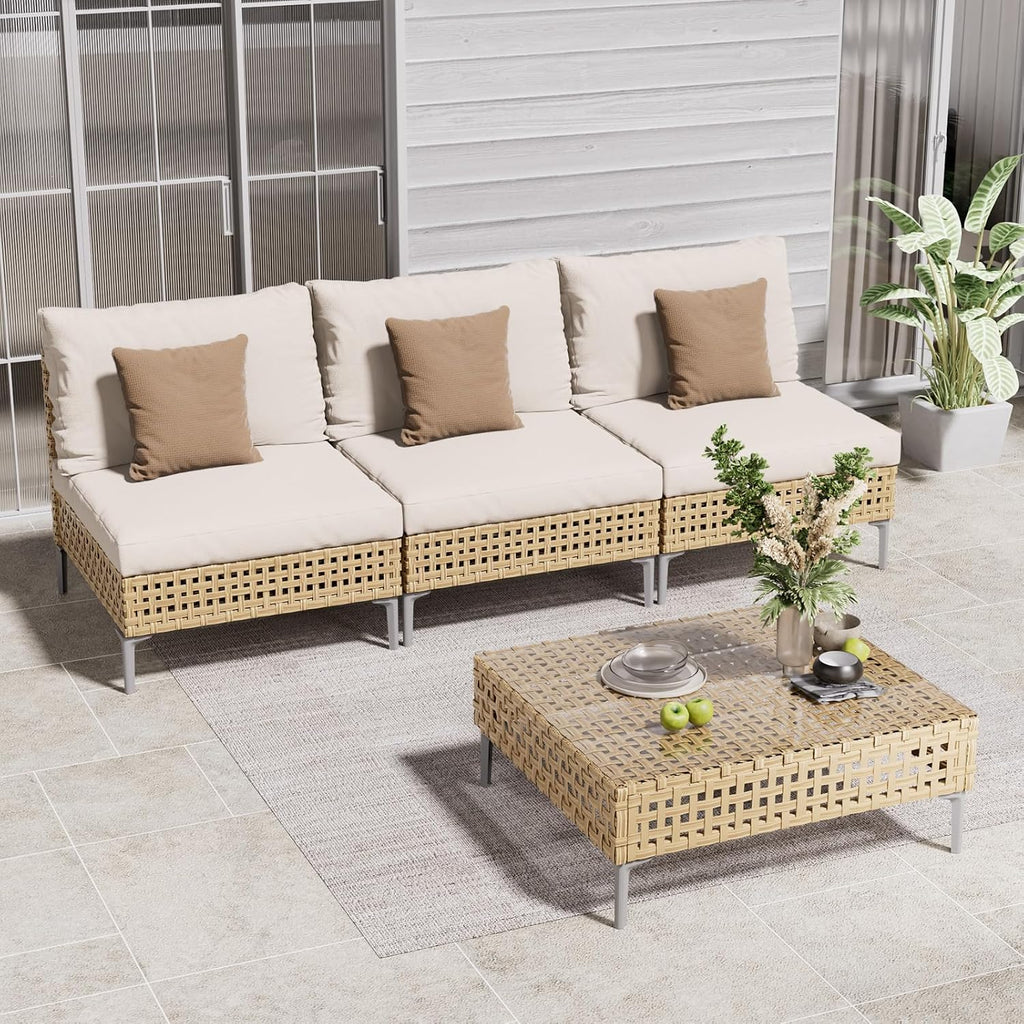 Grand patio 4-Piece Wicker Patio Furniture Set, Boho Outdoor Conversation Set Sectional Sofa with Water Resistant Thick Cushions and Coffee Table, Cream