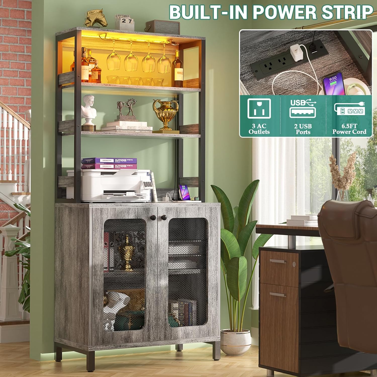 Aheaplus Bar Cabinet with Power Outlets, 67' Tall Wine Bar Cabinet Liquor Cabinet with LED Lights and Glass Holder, Coffee Bar Station for Living Room, Microwave Stand Bakers Rack Cabinet, White Oak