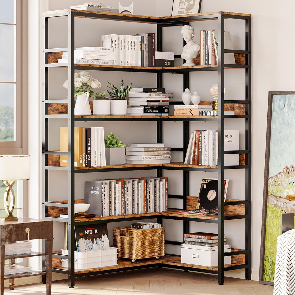 IRONCK Corner Bookshelf 6 Tiers, Industrial Corner Bookcase with Baffles Etagere, L Shaped Bookshelves with Metal Frame, Corner Shelf Storage Rack for Living Room Home Office