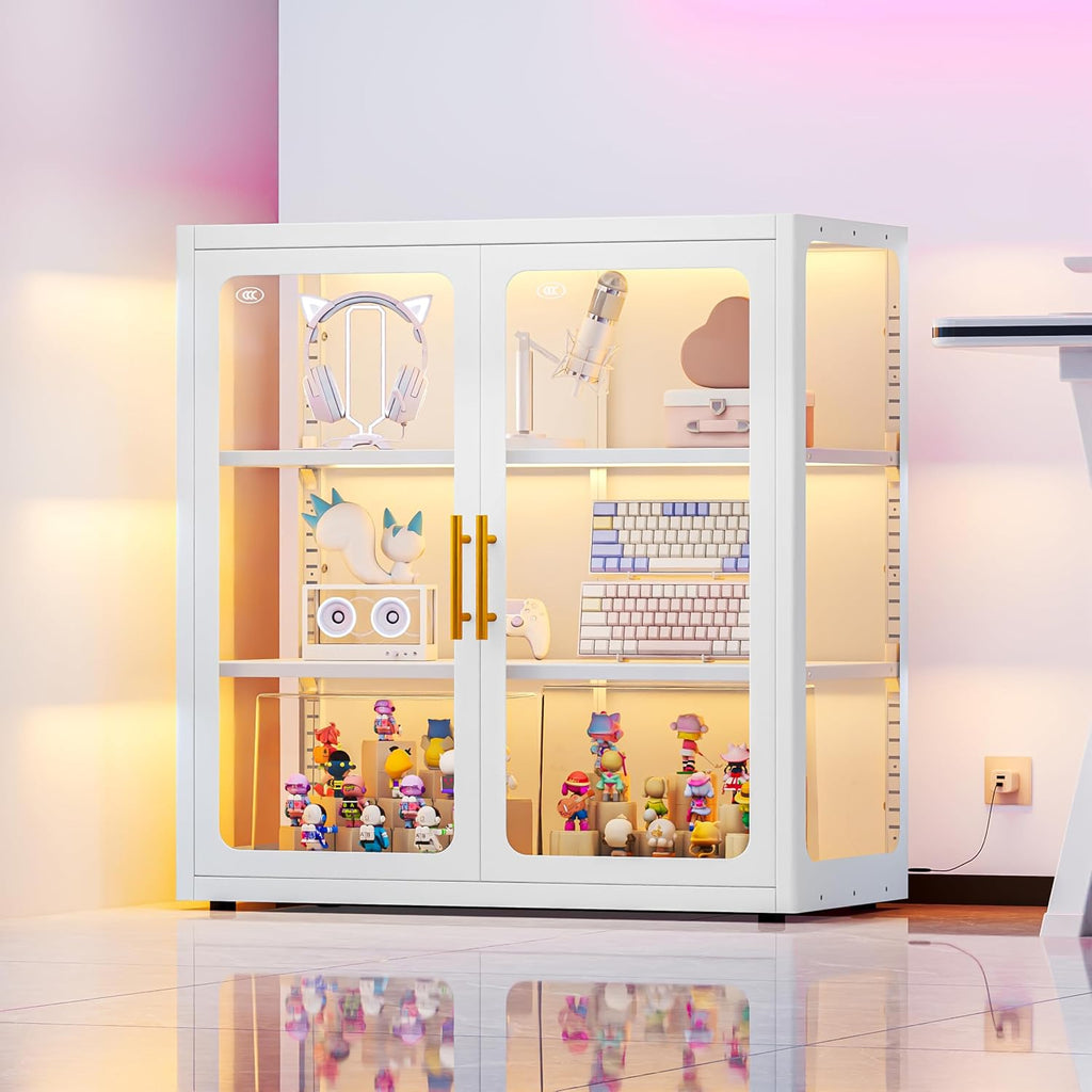 34' Display Cabinet with Glass Doors, 4-Tier Curio Cabinet with Many Color Lights for Collectibles, Glass Display Case, Bookcase with 4 Shelves, Storage Cabinets, White