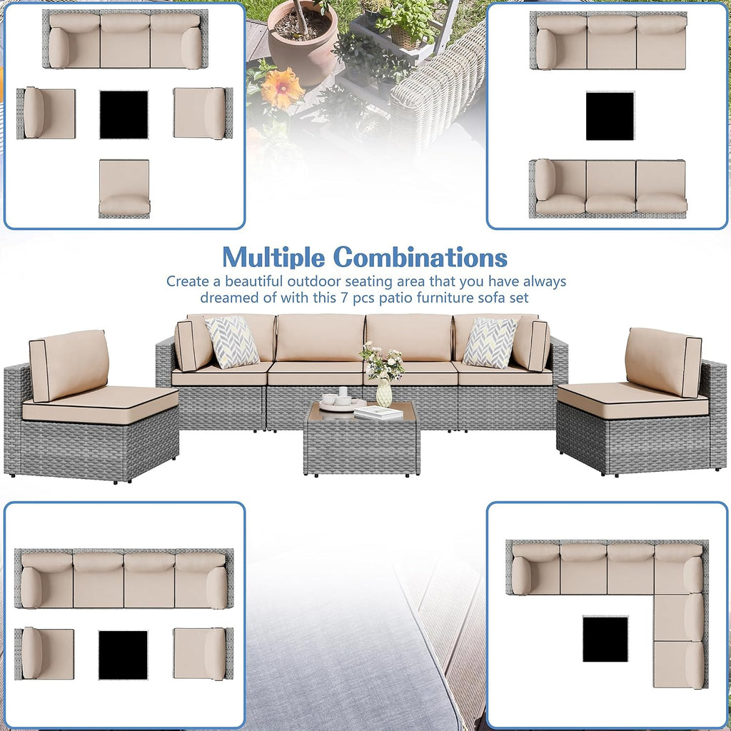 Shintenchi 7 Pieces Outdoor Patio Furniture Sets, Patio Sectional Sofa Couch, Gray PE Wicker Furniture Modular Patio Conversation Sets Patio Sofa with Washable Cushions, Gray/Khaki