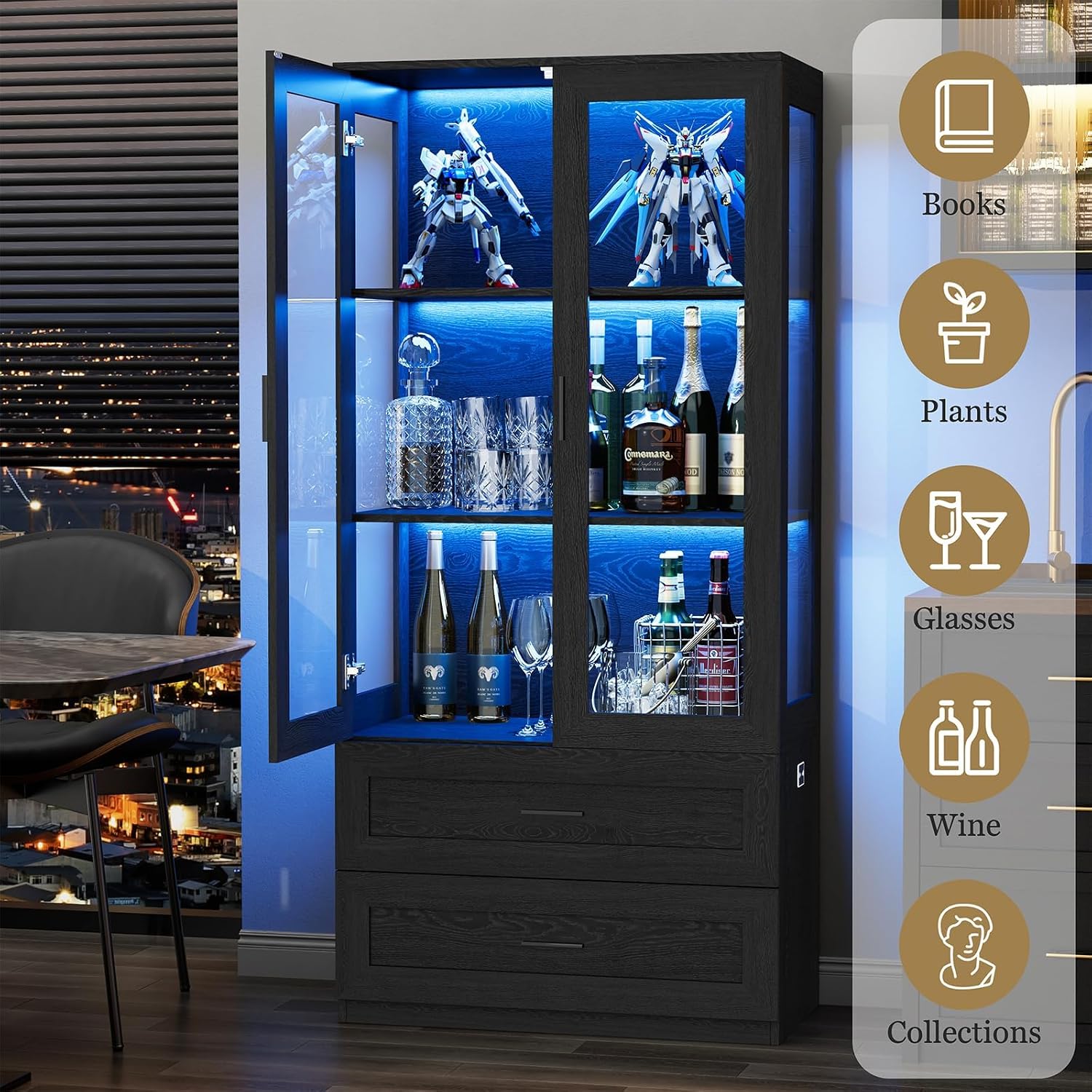 BROTTAR Display Cabinet with LED Lights, Curio Storage Cabinet with Acrylic Doors & 2 Drawers, 67' Bookcase Display Case for Collectibles, Human Body Sensor, Home Office, Living Room, Black