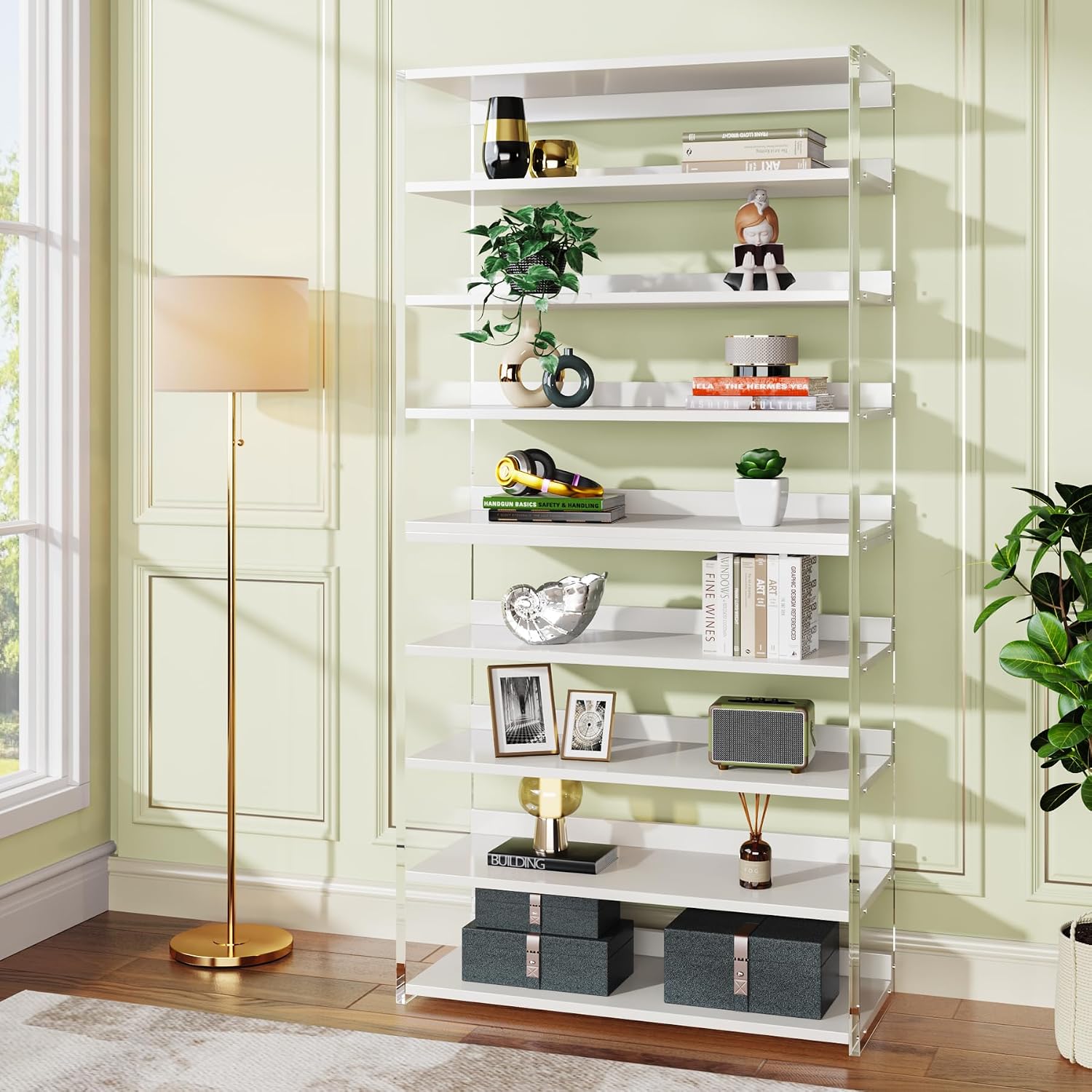 Tribesigns 8-Tier Acrylic Bookshelf, Modern Bookcase with Wood Shelves, 63' Display Storage Rack for Living Room, Bedroom, Home Office, White & Transparent (Without LED)
