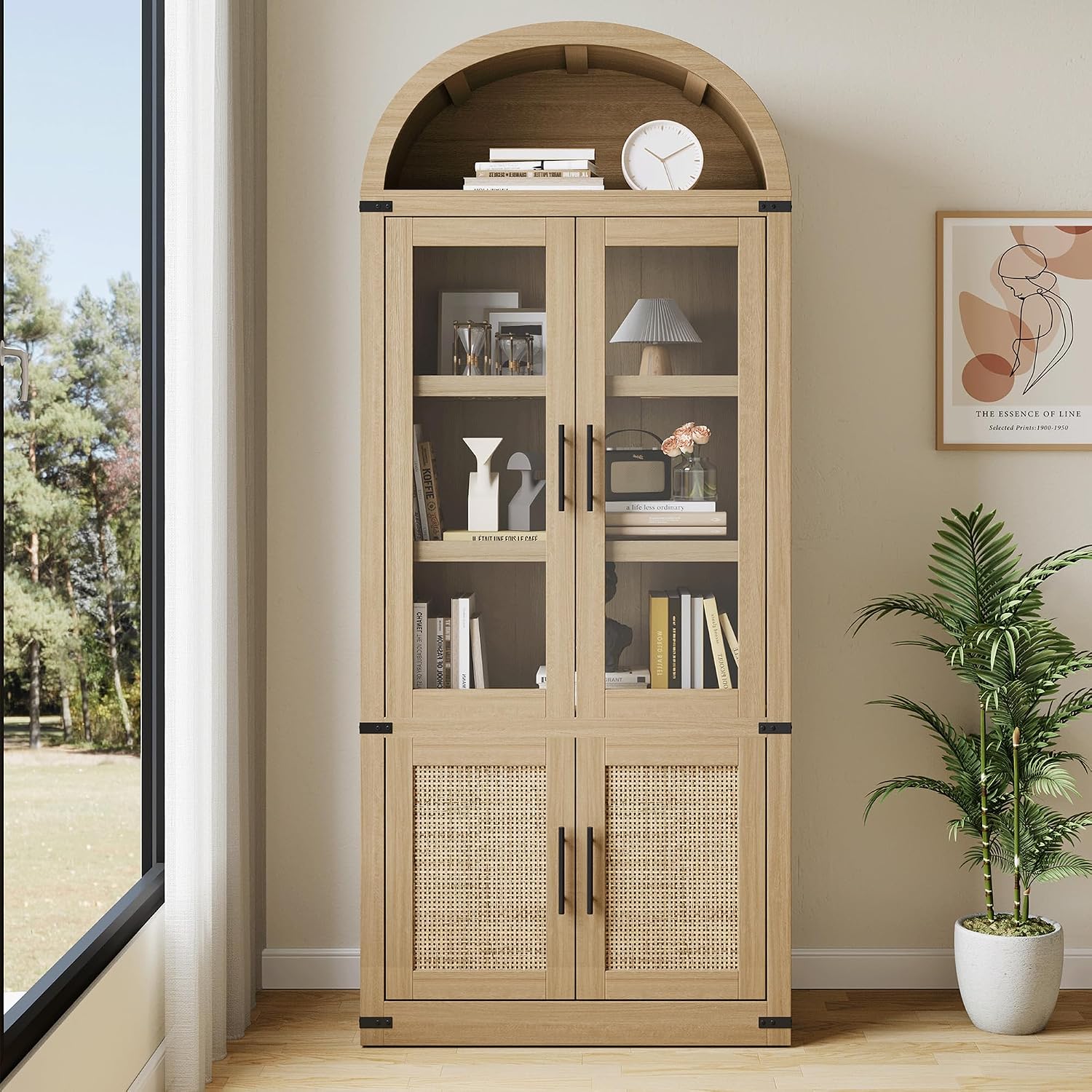 GarveeHome Arched Bookcase with Doors Modern 6-Tier Bookshelf with Storage Wooden Display Cabinet Farmhouse Storage Shelves for Living Room, Kitchen, Office