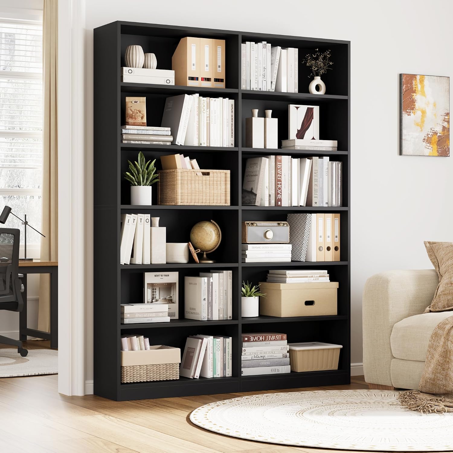 FACBOTALL Bookshelf and Bookcase, 6-Tier Double Wide Bookshelves, Freestanding Display Storage Shelves, Tall Bookcases for Home Decor Bedroom, Living Room, Home Office,Black