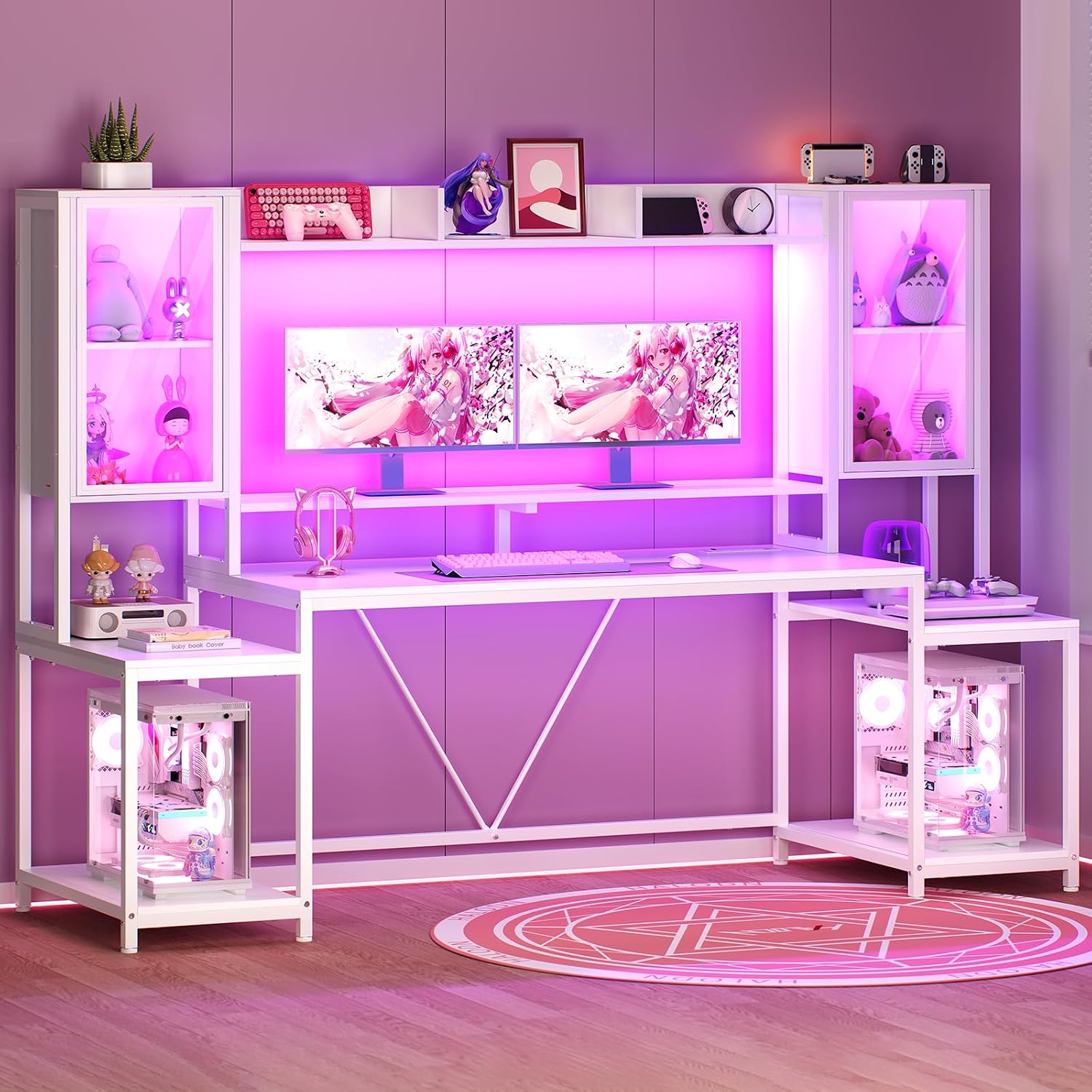 SEDETA Gaming Desk 74.8'' with LED Lights, Hutch and Storage Shelves, Computer Desk with Monitor Stand, Large PC Gamer Desk Workstation, Ergonomic Gaming Table for Bedroom, Living Room, White