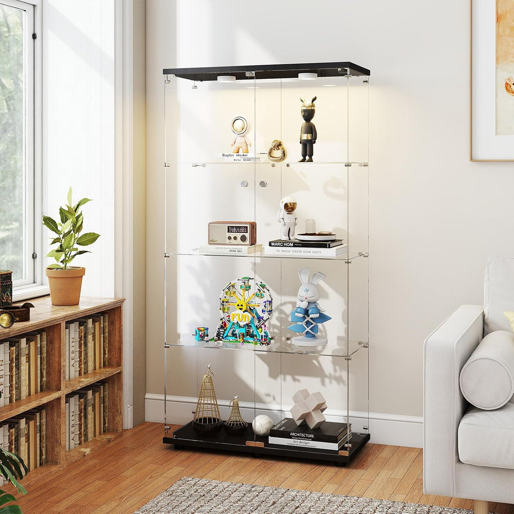 Zevemomo Tempered Glass Display Cabinet with Lights, 4-Tier Curio Cabinet with Glass Doors and Lock, Glass Display Case for Collectibles, for Living Room, Bedroom, Office, Black, Double Door