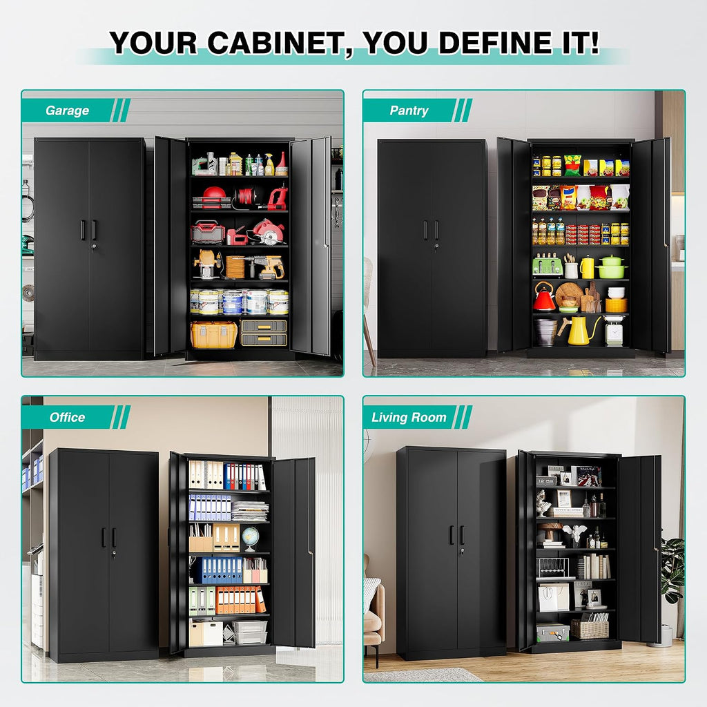 SISESOL Metal Storage Cabinet with 2 Doors and 6 Shelves,Black Metal Cabinet with Lock,71' Lockable Garage Storage Cabinets,Locking File Cabinet,Steel Tool Cabinets for Home,Office,Garage,Shop,School