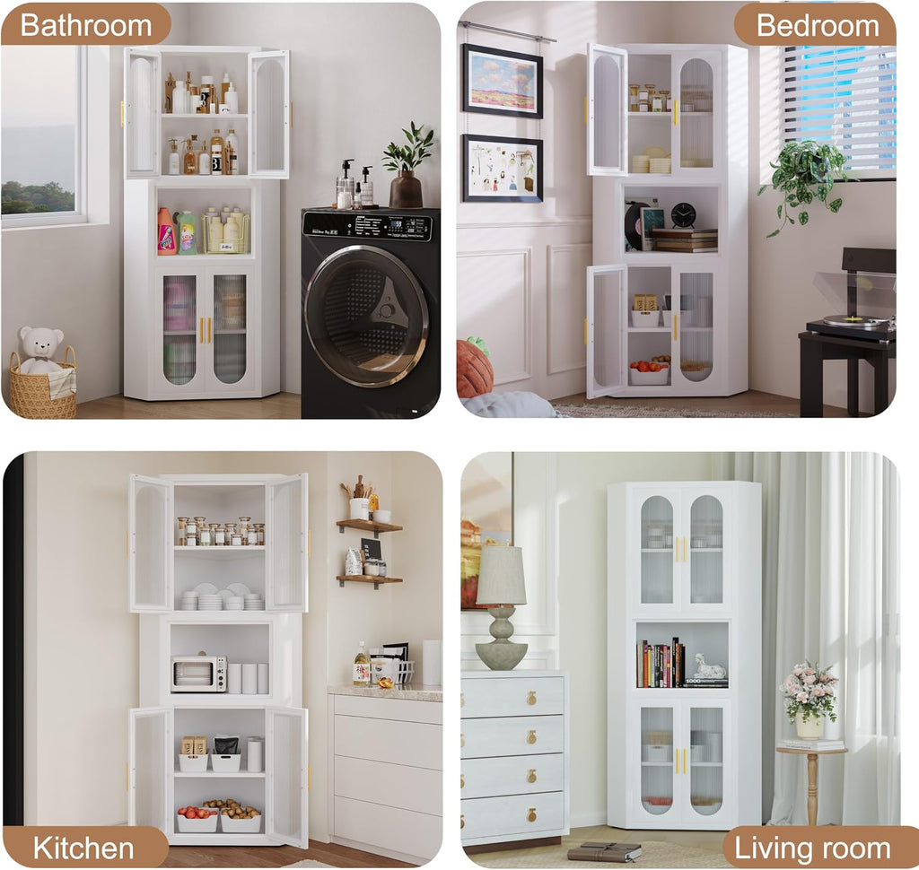 GAIOUS 63.6' Farmhouse Corner Cabinet, Tall Metal Pantry Storage Cabinet with 4 Acrylic Glass Doors & 1 Open Bar Shelf, Corner Cupboard for Kitchen Bathroom Living Room Bedroom Hallways (White)